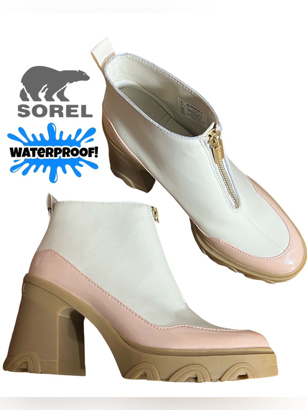 SOREL Brex Heel Zip Waterproof Leather Boots Chalk Peach Size 9 NWT $190